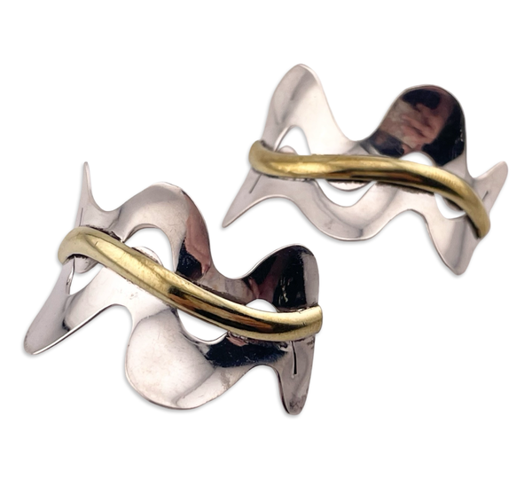 sterling silver & brass Mexican curved wavy squiggle cut-out stoneless post earrings