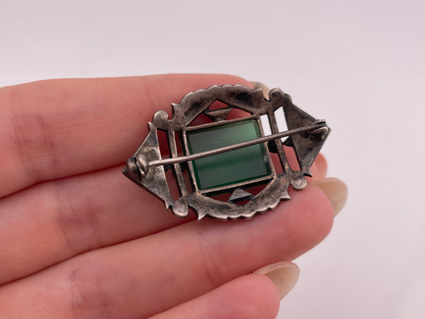 sterling silver Germany chrysoprase marcasite brooch pin