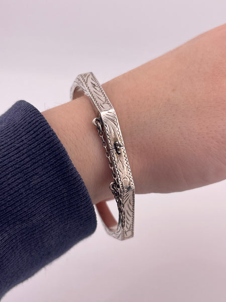 sterling silver 7" etched octagon hinge bangle bracelet