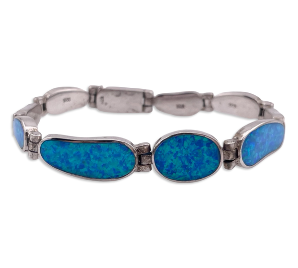 sterling silver 7-1/4" blue opal simulant link bracelet