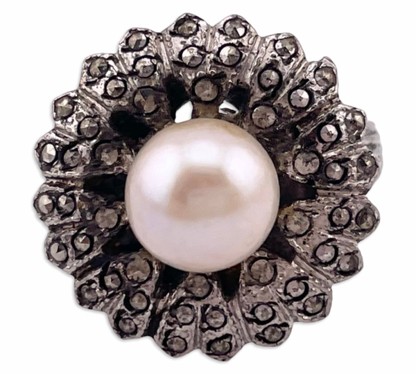 size 6.25 sterling silver rhodium plated marcasite faux pearl ring