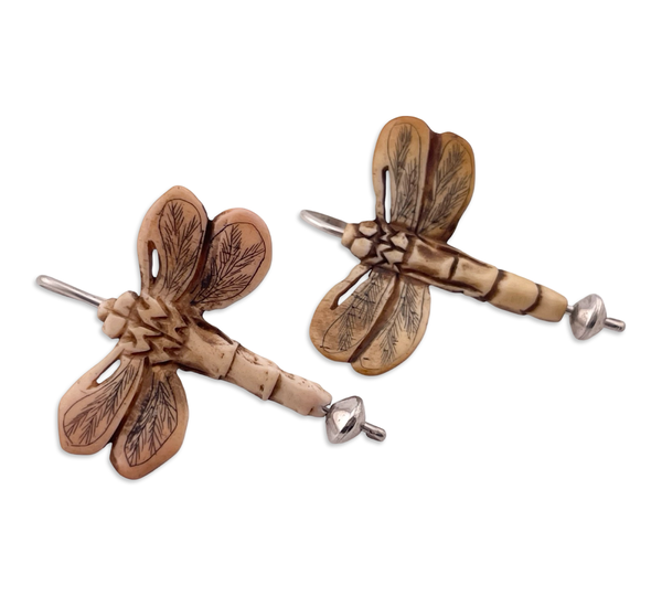 sterling silver large carved material dragonfly dangle earrings