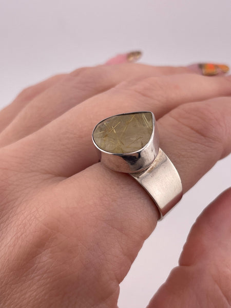 size 8.5 sterling silver faceted rutilated quartz teardrop ring