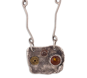 sterling silver, brass, & copper artisan Sherry Tinsman amber necklace