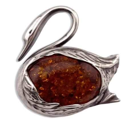 sterling silver amber swan brooch pin