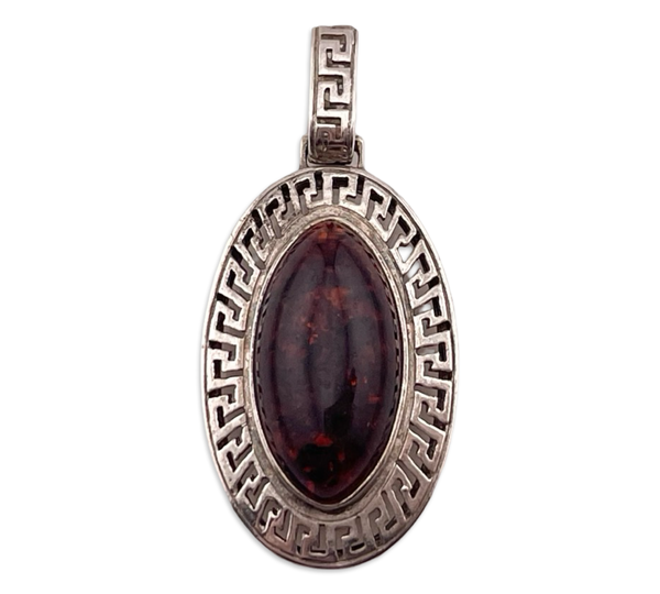 sterling silver synthetic amber Greek Key design pendant