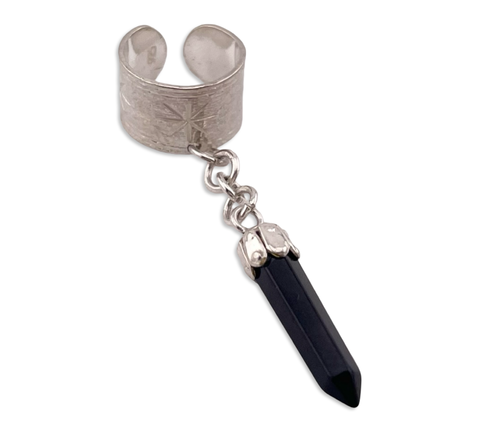 sterling silver black glass "crystal" point dangle ear cuff