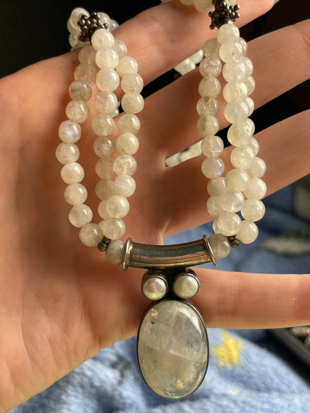 sterling silver moonstone & pearl beaded statement necklace