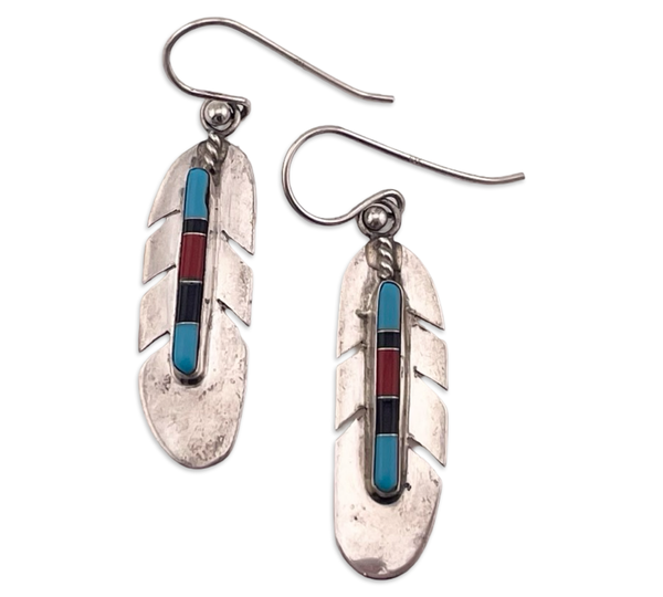 sterling silver turquoise onyx coral feather hook dangle earrings