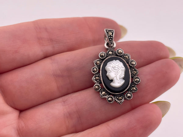 sterling silver onyx faux shell cameo marcasite pendant