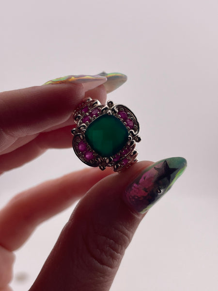 size 9 sterling silver faceted green agate lab ruby ring