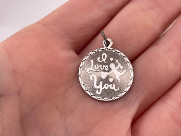 sterling silver "I Love You" cupid etched pendant