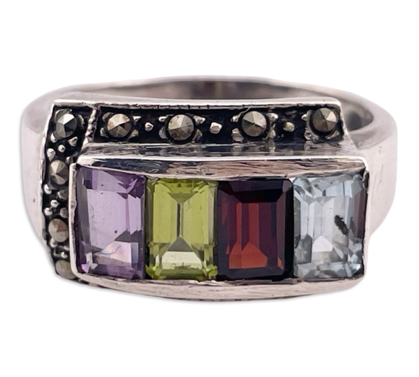 size 9 sterling silver faceted gemstone marcasite ring
