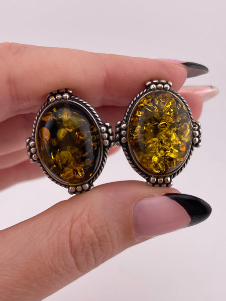 sterling silver oval yellowish amber post earrings