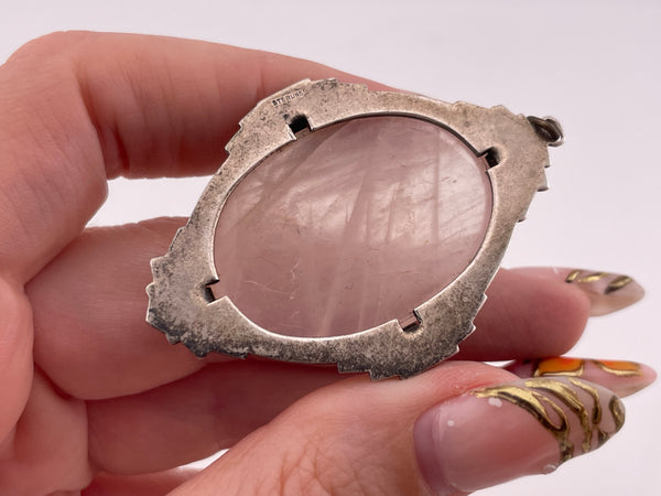 sterling silver large rose quartz & marcasite pendant