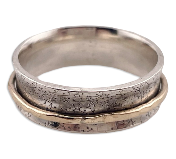 size 10.25 sterling silver & gold plated brushed finish spinner band ring