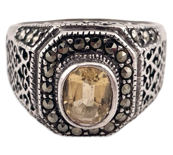 size 7.5 sterling silver faceted citrine marcasite ring