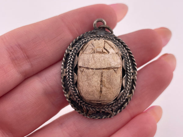 sterling silver carved scarab pendant