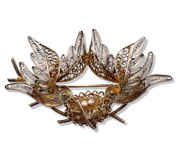 800 silver birds & nest synthetic pearl brooch pin