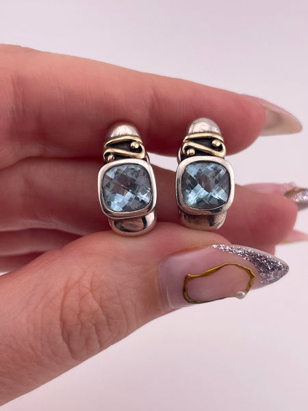 sterling silver & 14k gold faceted blue topaz omega back post earrings