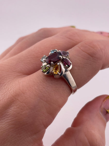 size 8 sterling silver faceted multi-gemstone ring