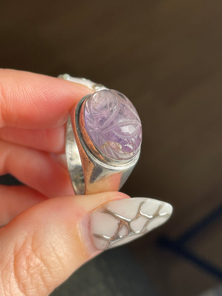 size 9.5 sterling silver Janiye Miye Matsukata carved amethyst scarab beetle ring **AS IS**