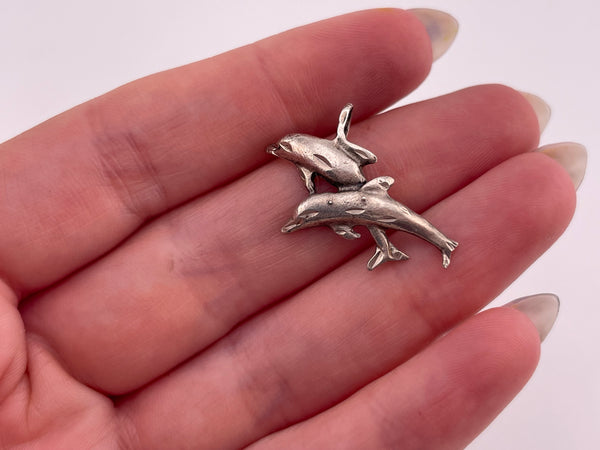 sterling silver etched double dolphin pendant