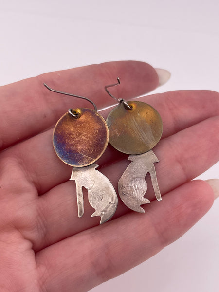 sterling silver & brass howling wolf hook dangle earrings