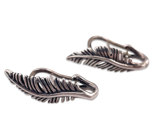 sterling silver feather omega-back earrings