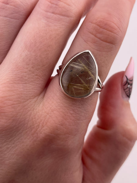 size 7.75 sterling silver pear shape rutilated quartz ring