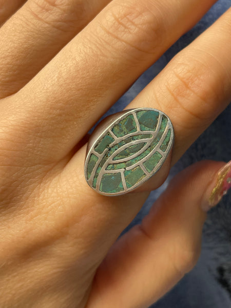 size 9.75 sterling silver chip turquoise hummingbird pattern ring