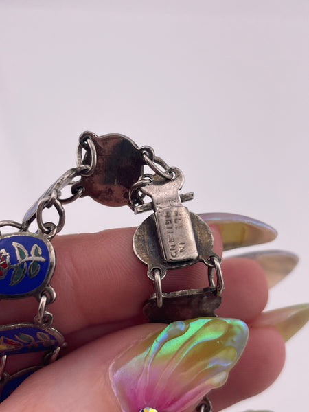 NOT STERLING - silver tone painted flower link bracelet **AS IS**