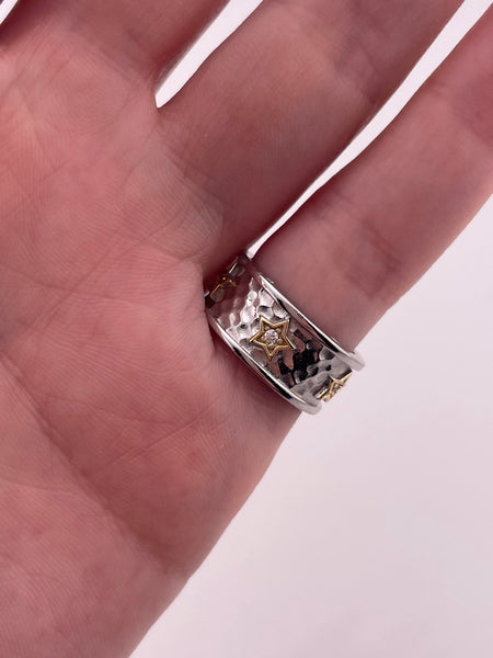 size 5 sterling silver & gold plated hammered star rhinestone band ring