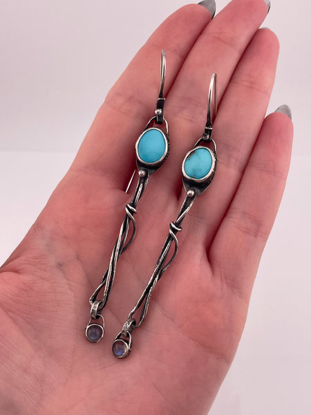 sterling silver artisan turquoise rainbow moonstone hook dangle earrings