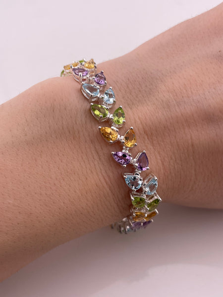 sterling silver faceted multi-gemstone link bracelet