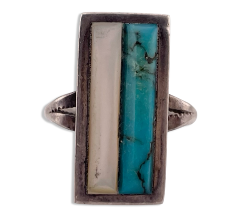 size 7.75 silver turquoise & mother of pearl ring **AS IS**
