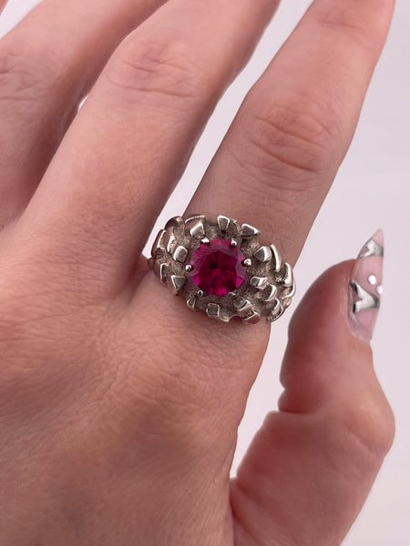 size 9.25 sterling silver brutalist prong set faceted ruby ring