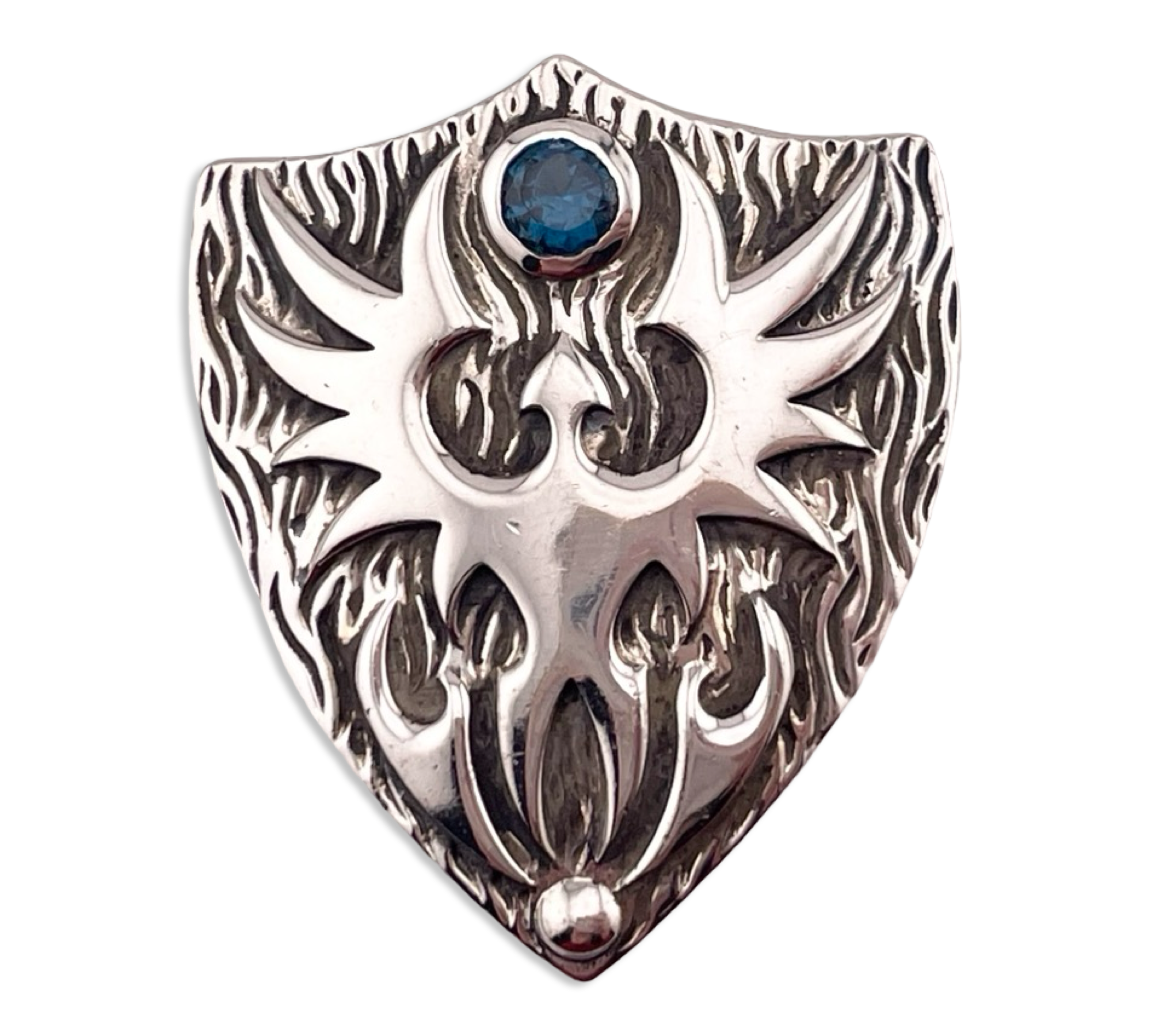 sterling silver Tribal Sons faceted blue glass shield pendant