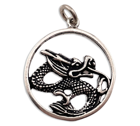 sterling silver dragon in circle pendant