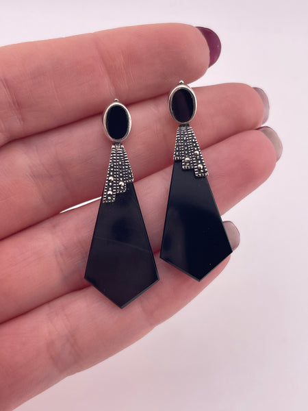 sterling silver black agate marcasite post hinge earrings