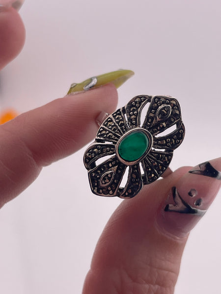 size 7.25 sterling silver green onyx marcasite ring