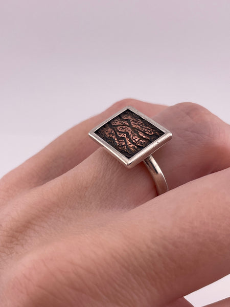 size 6.25 sterling silver & copper textured rectangle ring
