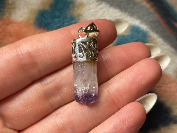 sterling silver raw amethyst cylinder pendant