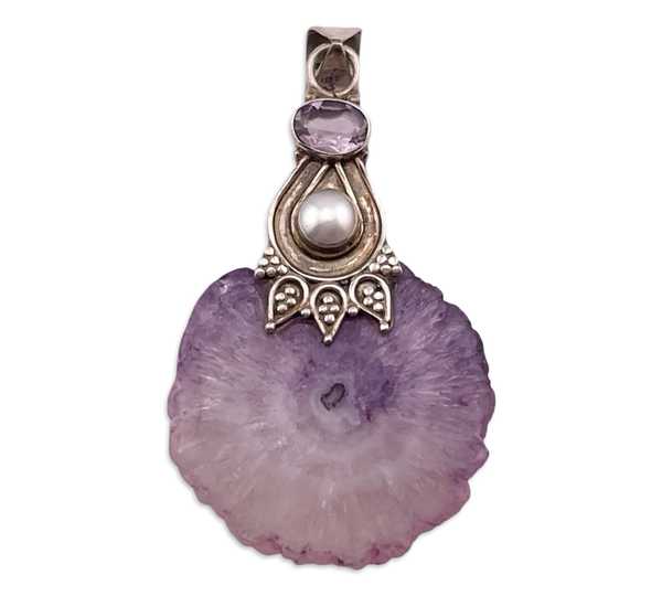 sterling silver amethyst slice & pearl pendant