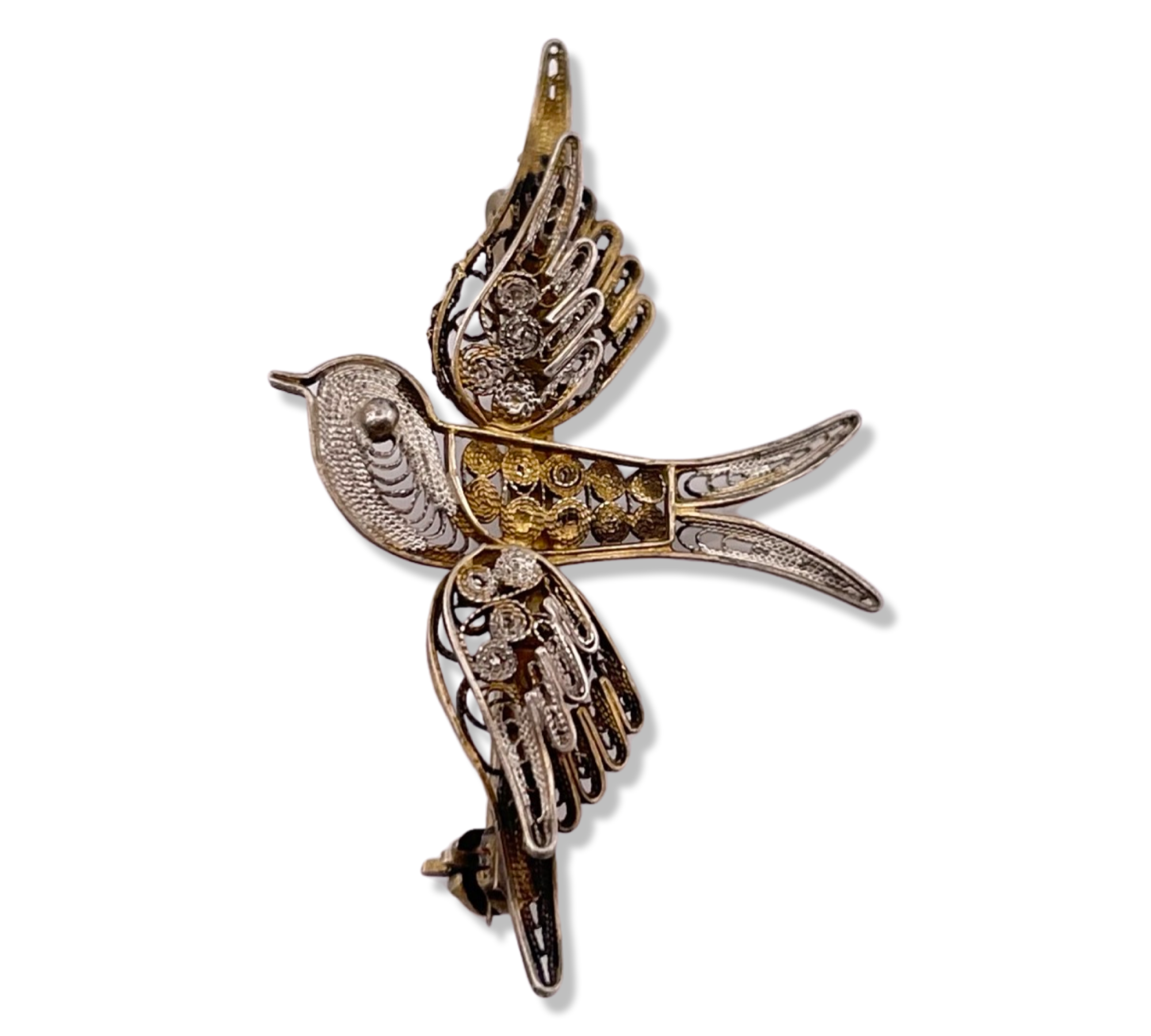 800 silver bird plated filigree brooch pin