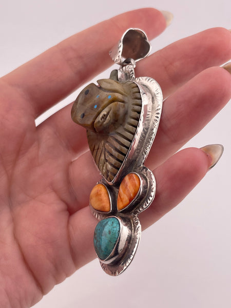 sterling silver large 3-3/8" frog turquoise jasper spiny oyster pendant