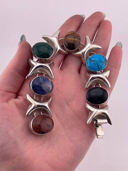 sterling silver 7 1/4" Mexican heavy mutli-stone link bracelet