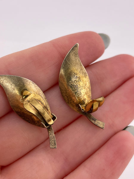 sterling silver gold plated David Andersen white enamel leaf clip on earrings