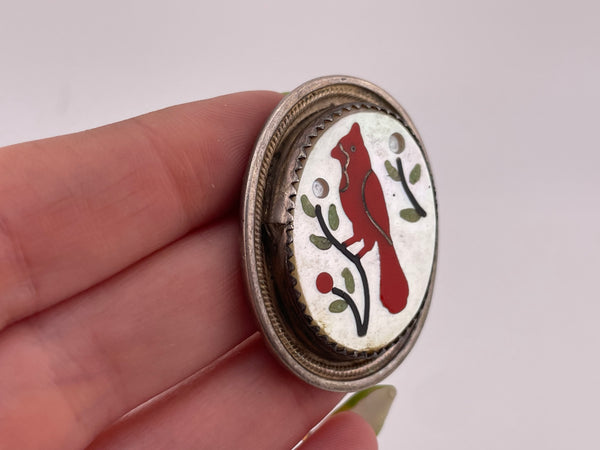 sterling silver multi-stone inlay cardinal bird pendant **AS IS**