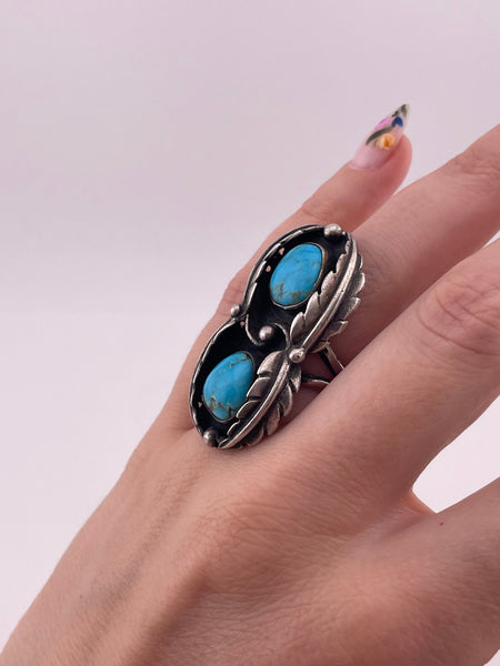 size 6 sterling silver two turquoise leaf ring